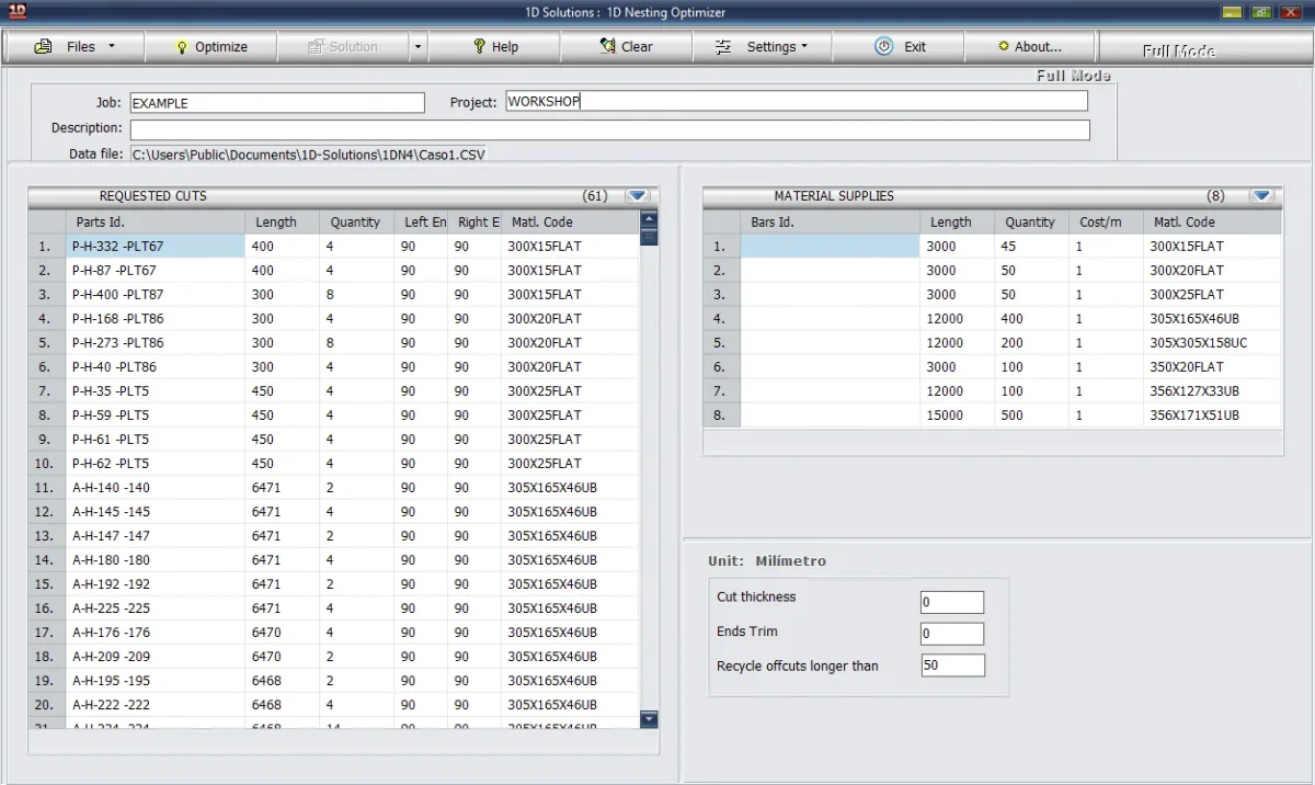 1DNest main screen: requested cuts and material supplies of a bar cutting job