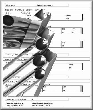 Printed 1DNest cutting list report with optimized cut layouts, next to the steel tubes it was computed for